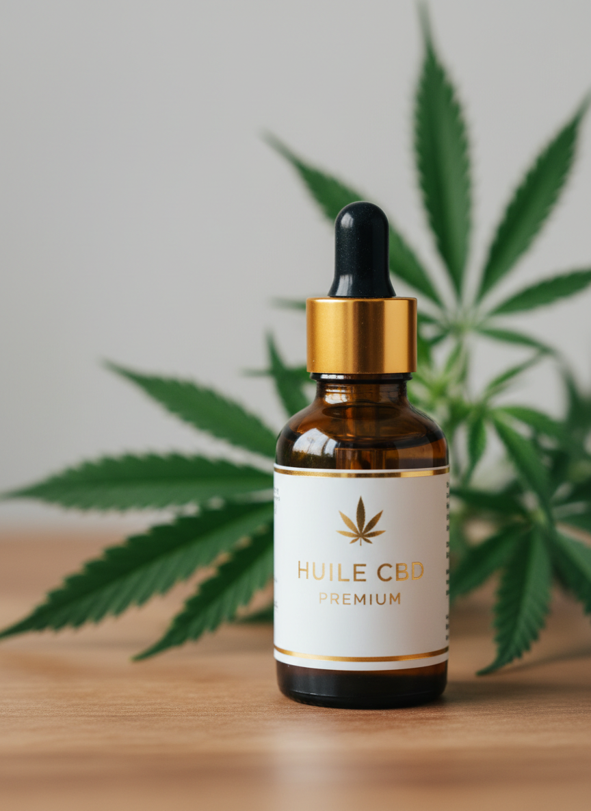 Flacon d'huile CBD avec compte-gouttes, packaging élégant en verre ambré