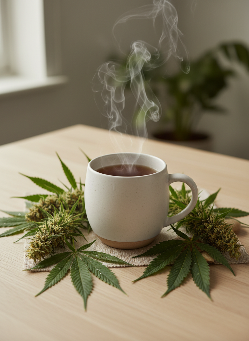 Tasse fumante d'infusion CBD avec fleurs de chanvre séchées